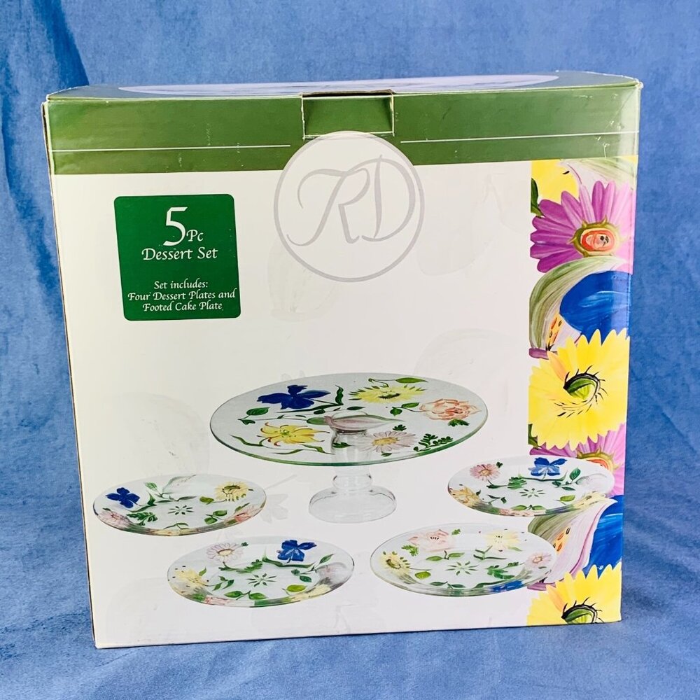 Royal Danube FLORAL Hand Painted Crystal Footed Cake Stand & Plates Set 5 NEW